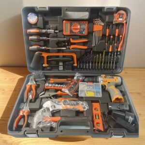 21V cordless drill with 2.0Ah Li-ion battery and fast charger, 2-speed settings, carrying case, and 28-piece accessory set.