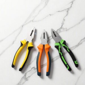 High-quality industrial-grade steel combination pliers with cutting function and molded plastic handles.