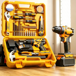 Portable household hardware tool set with hard case; OEM high-carbon steel; for electrical and woodworking maintenance.