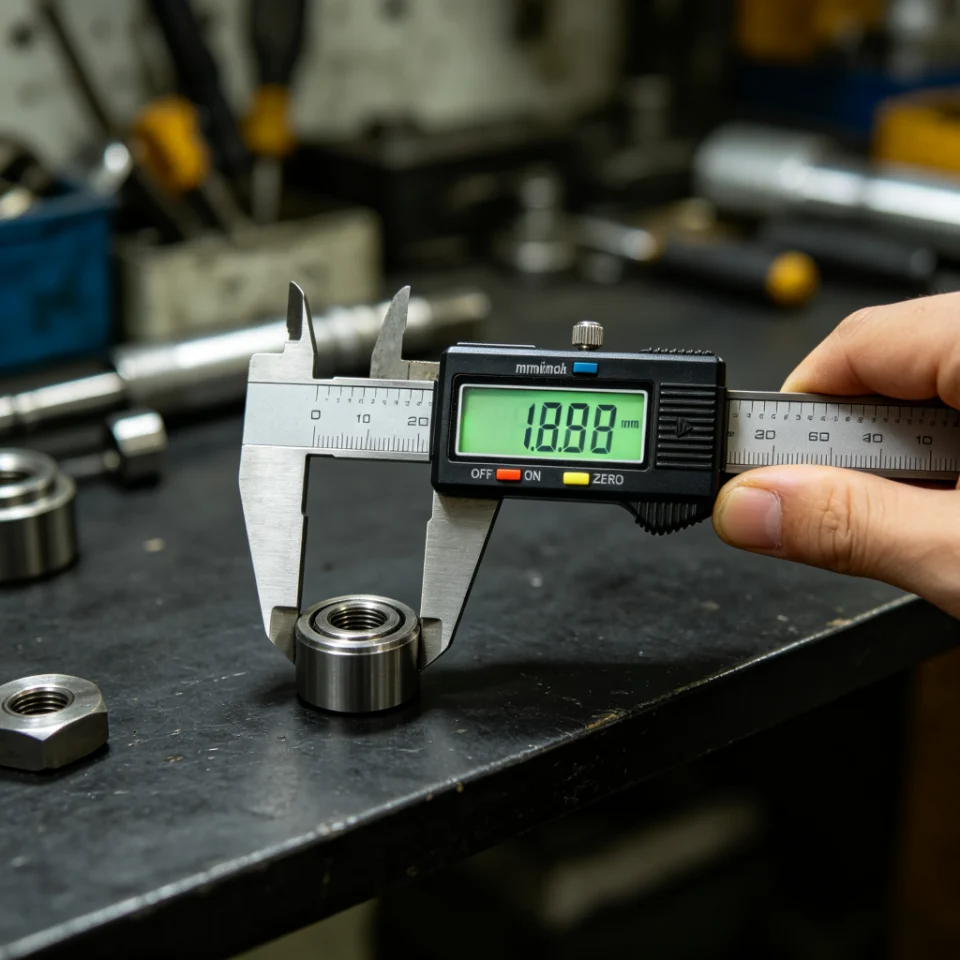 Digital caliper measuring metal workpiece