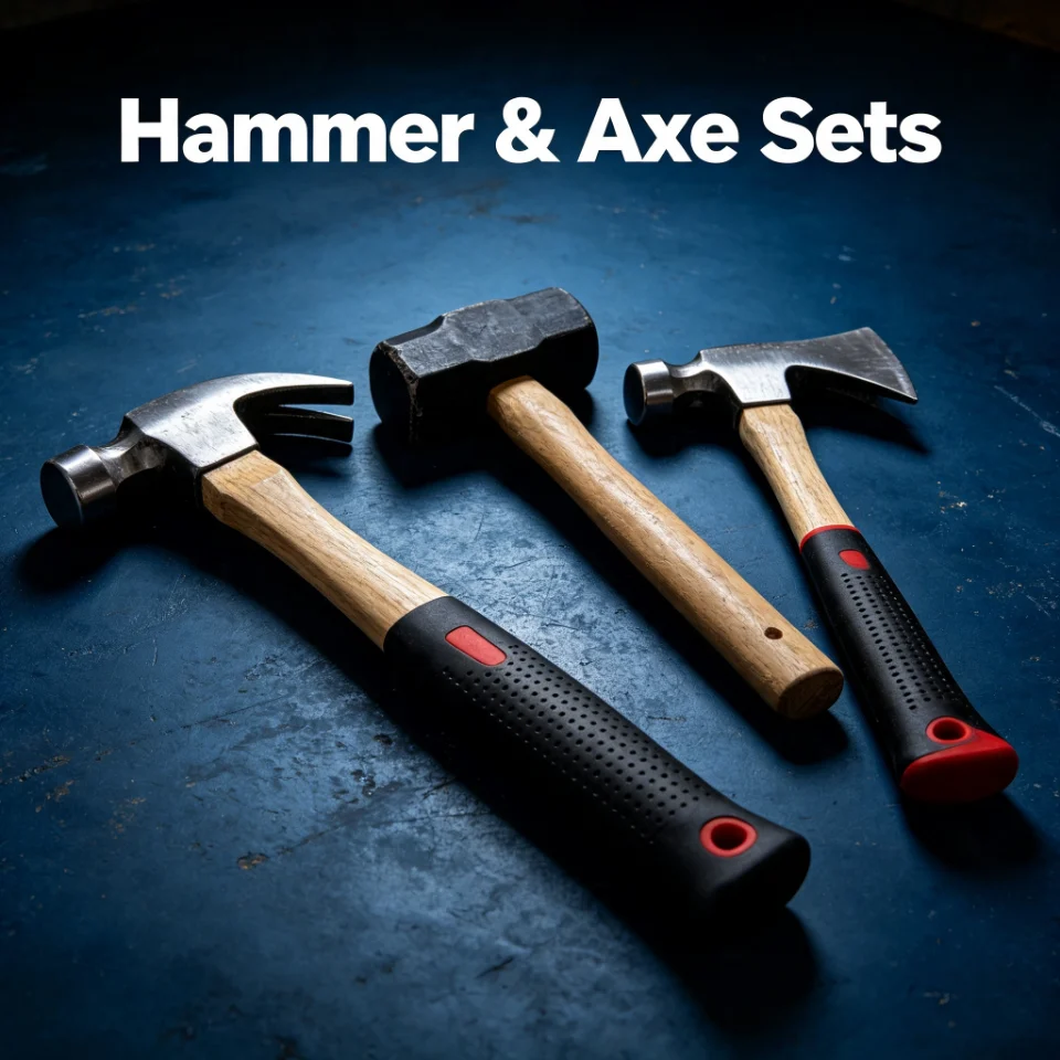 Complete hammer and hatchet axe tool set for household repair and construction work