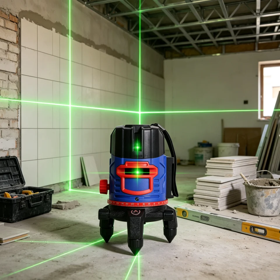 Laser level projecting cross line on renovation wall